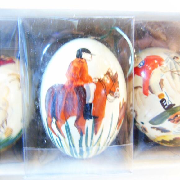 Wooden Egg Ornaments Set 4 Hand Painted Vintage Horses Of War Asian Soldier Eggs - Picture 5 of 8